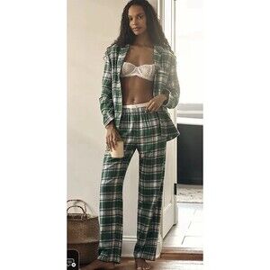 EBERJEY FLANNEL LONG PJ PAJAMAS SET GREEN TARTAN PLAID SHIRT & PANTS WOMENS SZ S